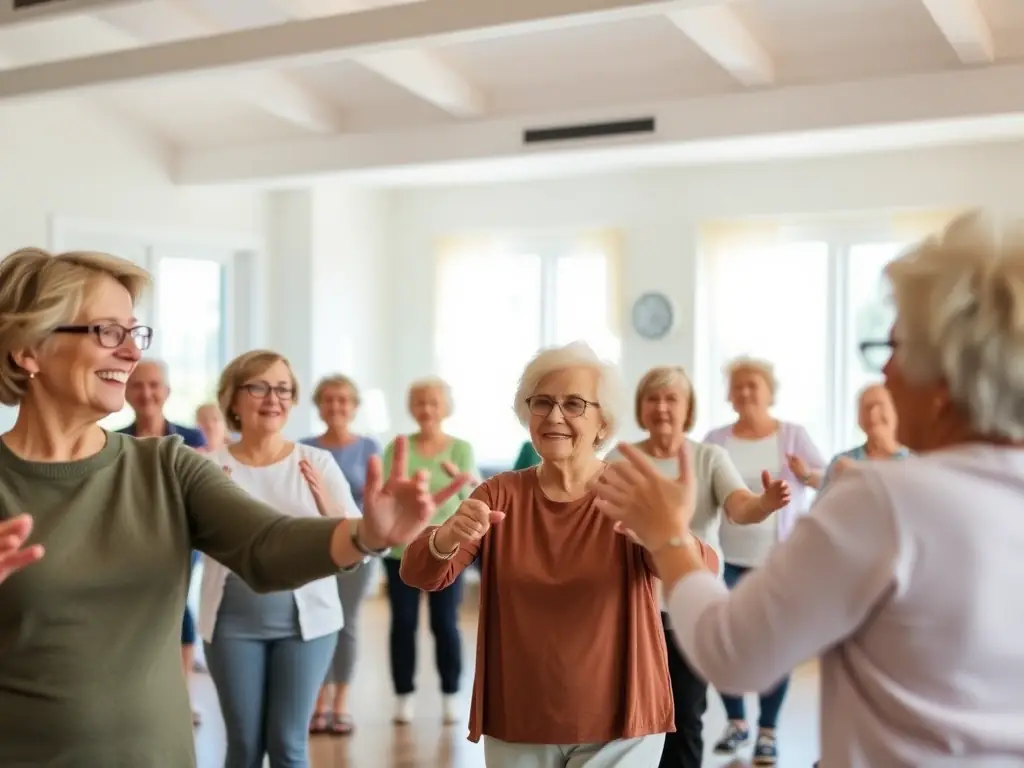 A group of seniors participating in a chair-based exercise class, smiling and engaging with the instructor, highlighting the accessibility and benefits of the program for older adults.