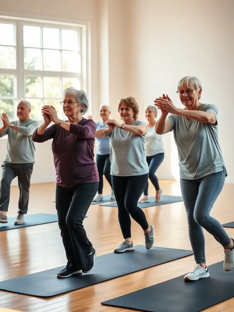 A group of adults participating in a low-impact gymnastics class, focusing on flexibility and balance, in a well-lit community center.