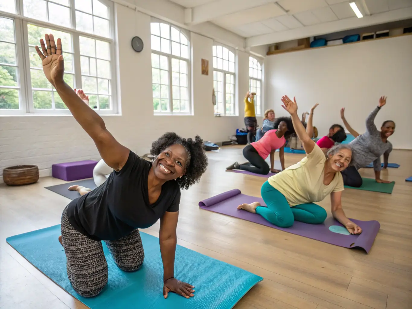 A group of adults participating in a gentle stretching exercise during a gymnastics class, with a focus on flexibility and relaxation, set in a bright and airy studio.