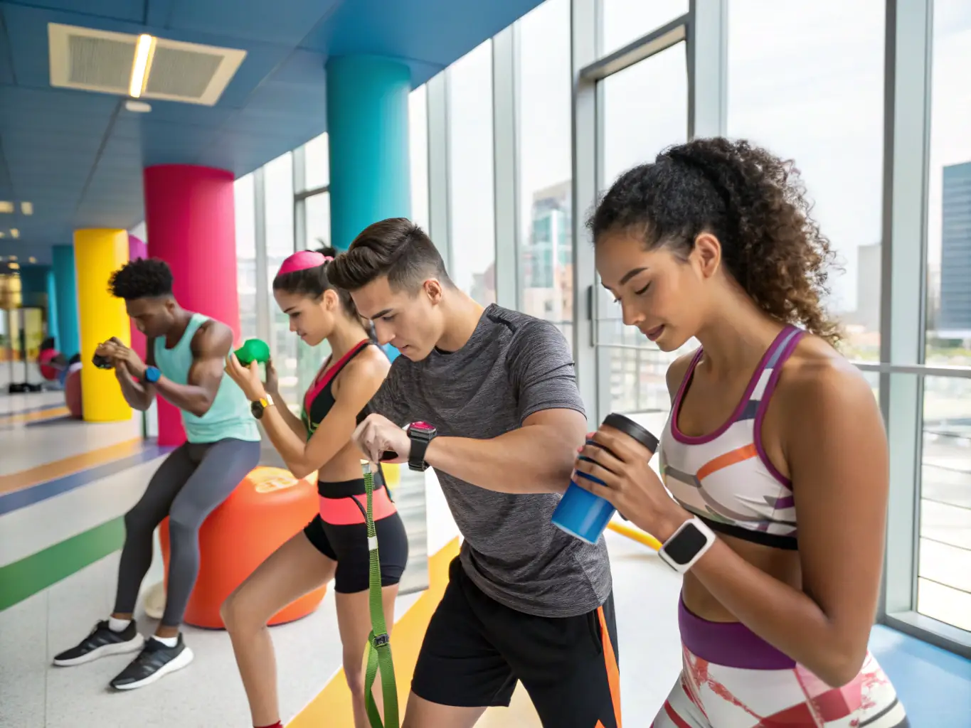 A dynamic image of young adults engaged in a high-energy gymnastics class, performing various exercises that enhance strength, agility, and overall fitness, set in a modern gym.