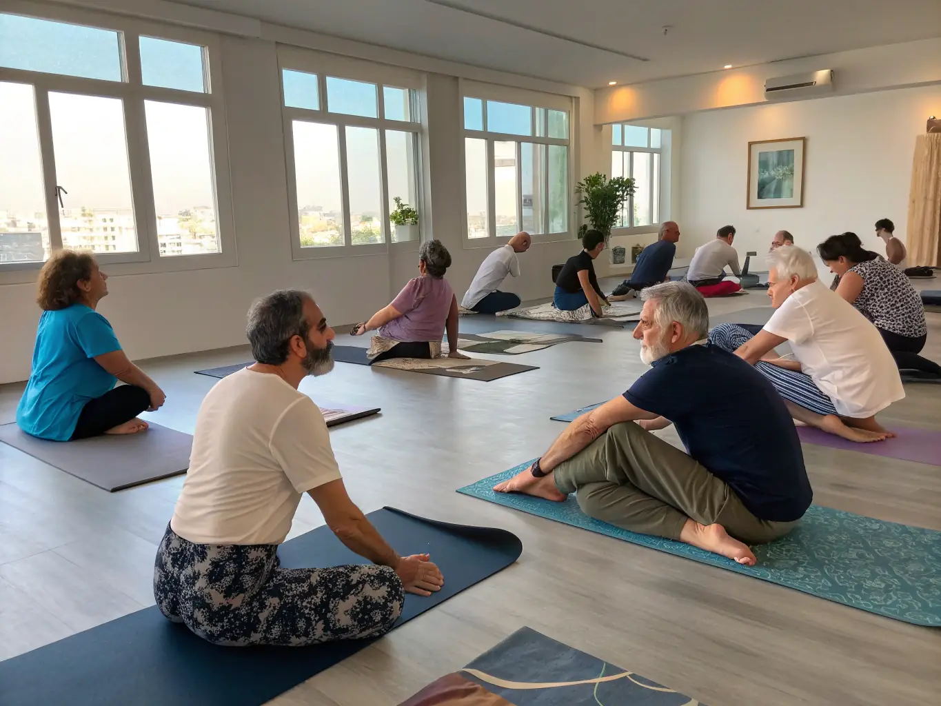 A group of adults participating in a gentle stretching exercise during a gymnastics class, with a focus on flexibility and relaxation, set in a bright and welcoming community center.