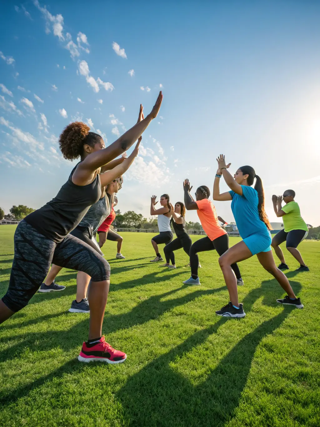 A diverse group of people are participating in a group fitness class that combines gymnastics elements with cardio and strength training.
