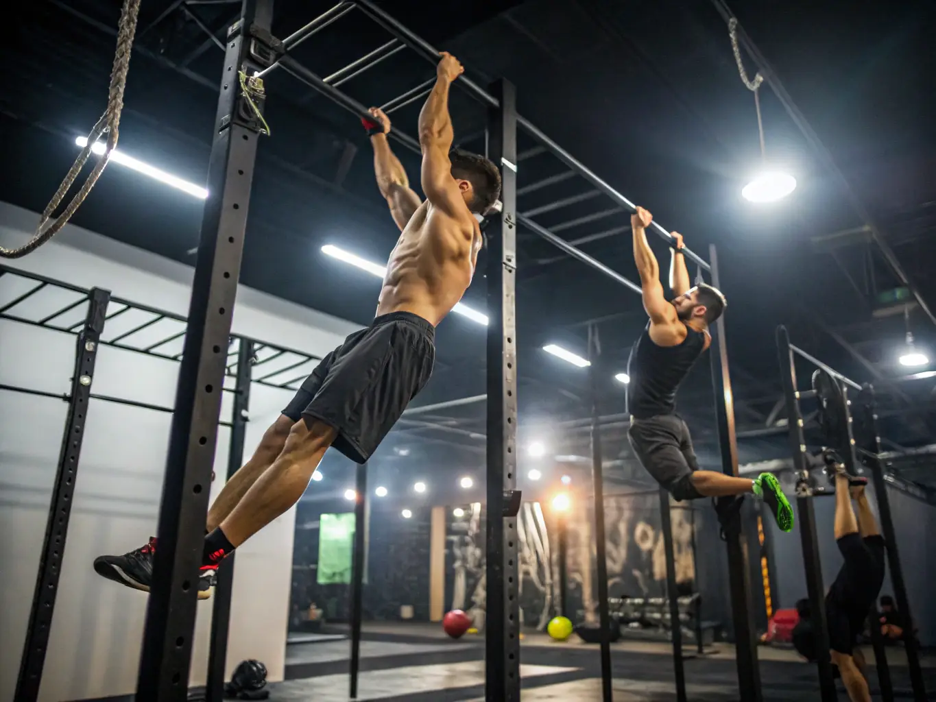 An image showing adults engaged in a dynamic gymnastics routine in a modern gym setting. The participants are focused and energetic, demonstrating various exercises.