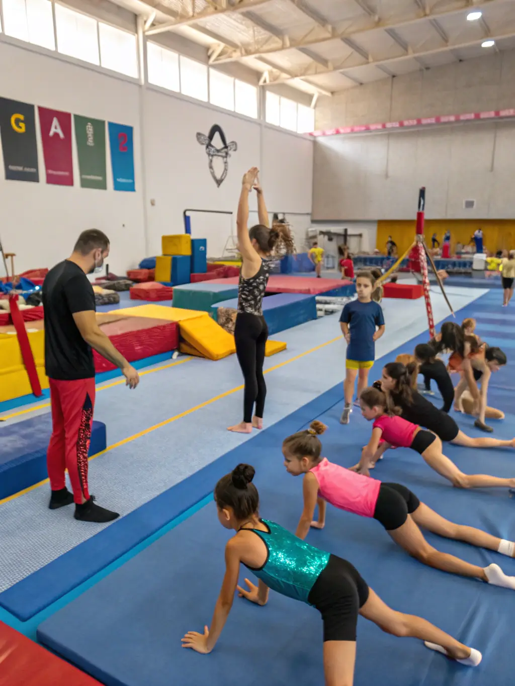 A group of young adults are practicing advanced gymnastics moves, such as cartwheels and handstands, in a modern gymnastics facility.