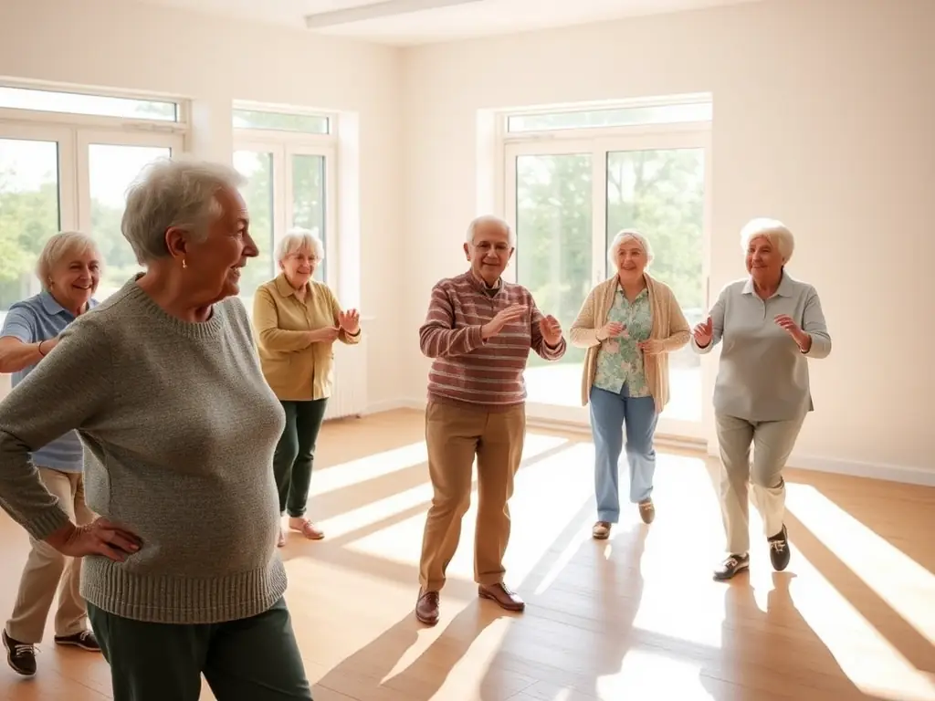 A photograph capturing a group of senior citizens participating in a gentle gymnastics class, led by an instructor, in a well-lit community hall. The participants are smiling and appear to be enjoying the activity.