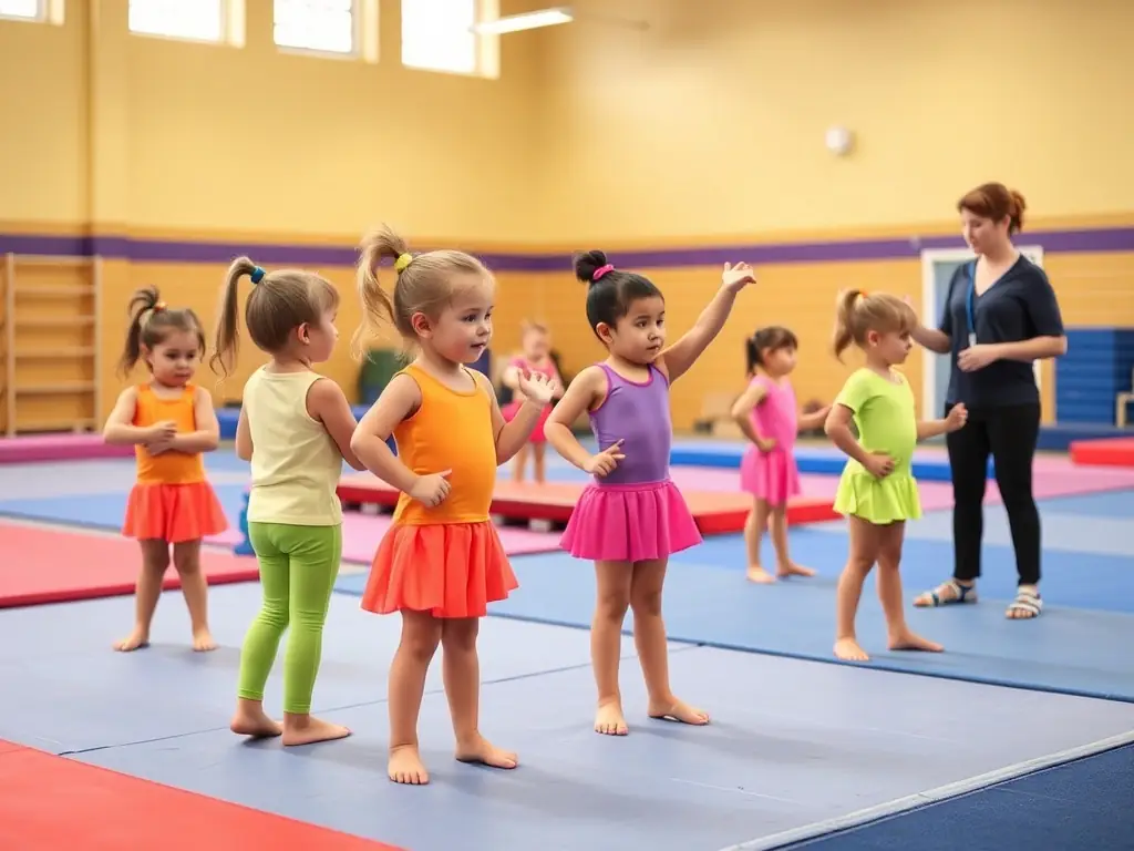 A group of children happily participating in a gymnastics class, learning basic movements and having fun while improving their motor skills and coordination, set in a colorful and safe environment.