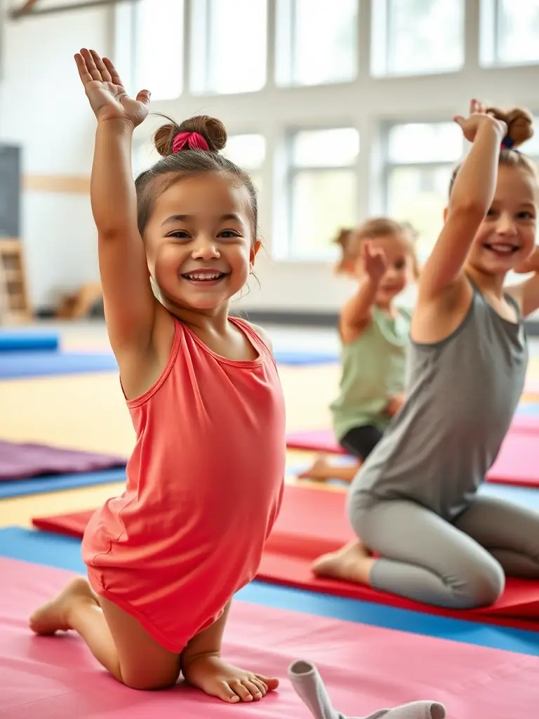 Children aged 5-7 are doing basic gymnastics exercises on colorful mats, guided by an instructor in a safe and playful environment.
