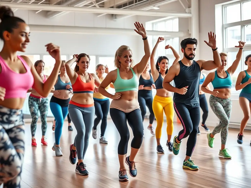 A group of diverse individuals participating in a gymnastics class, focusing on flexibility and stretching exercises, set in a community center.