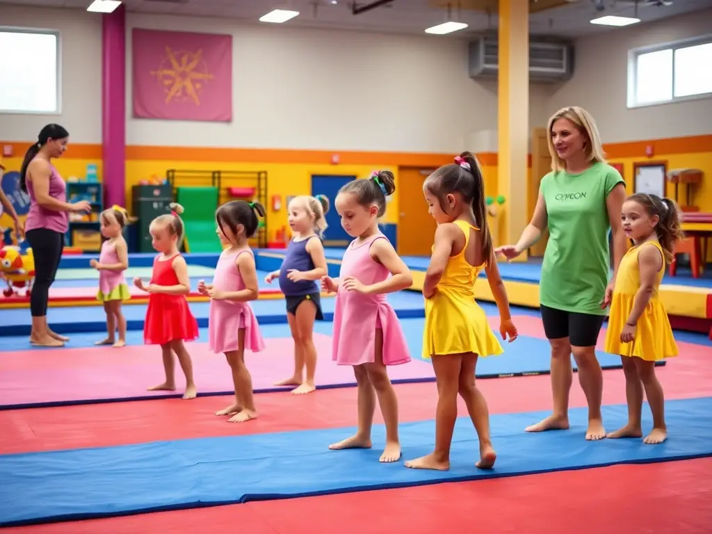 A photograph of children participating in a gymnastics class, showcasing their enthusiasm and energy. The setting is a colorful and safe environment.